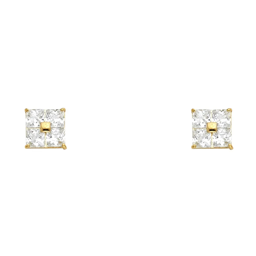 14K Gold CZ Four Square Stud Earrings