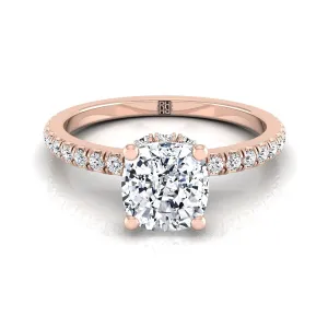 14K Rose Gold Cushion Diamond Secret Diamond Halo French Pave Solitaire Engagement Ring -1/3ctw