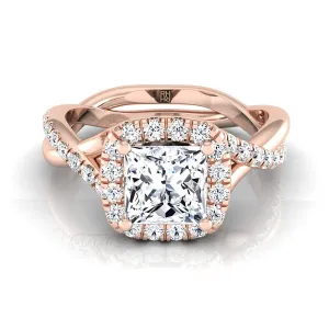 14K Rose Gold Princess Cut Diamond Twisted Scalloped Pavé Halo Center Engagement Ring -3/8ctw