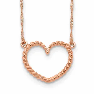 14k Rose Gold Solid Polished Textured Finish Heart Pendant Design in a 17-Inch Singapore Chain Necklace Set