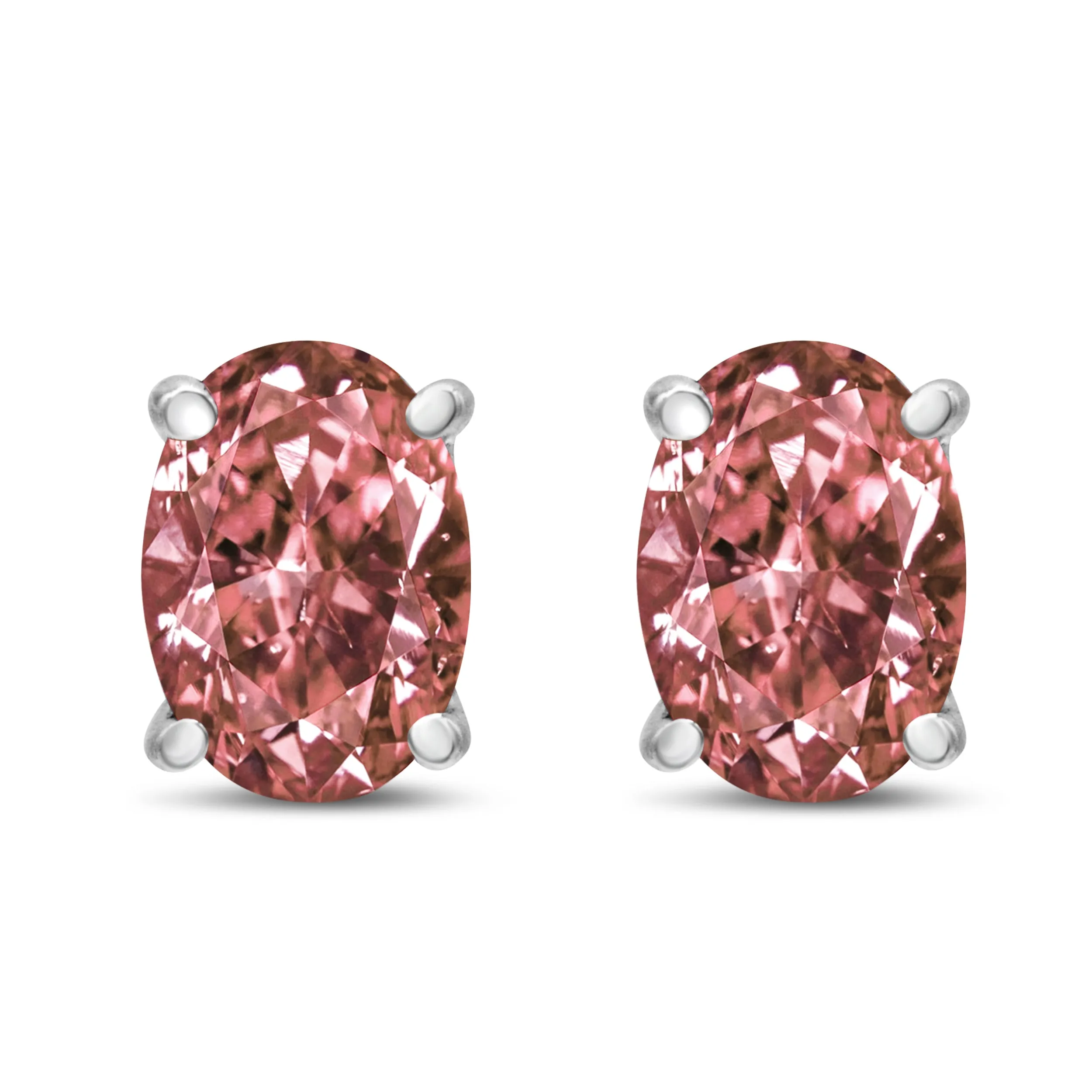 14K White Gold Lab Grown Pink Oval 4 Prong Set Classic Diamond Solitaire Stud Earrings