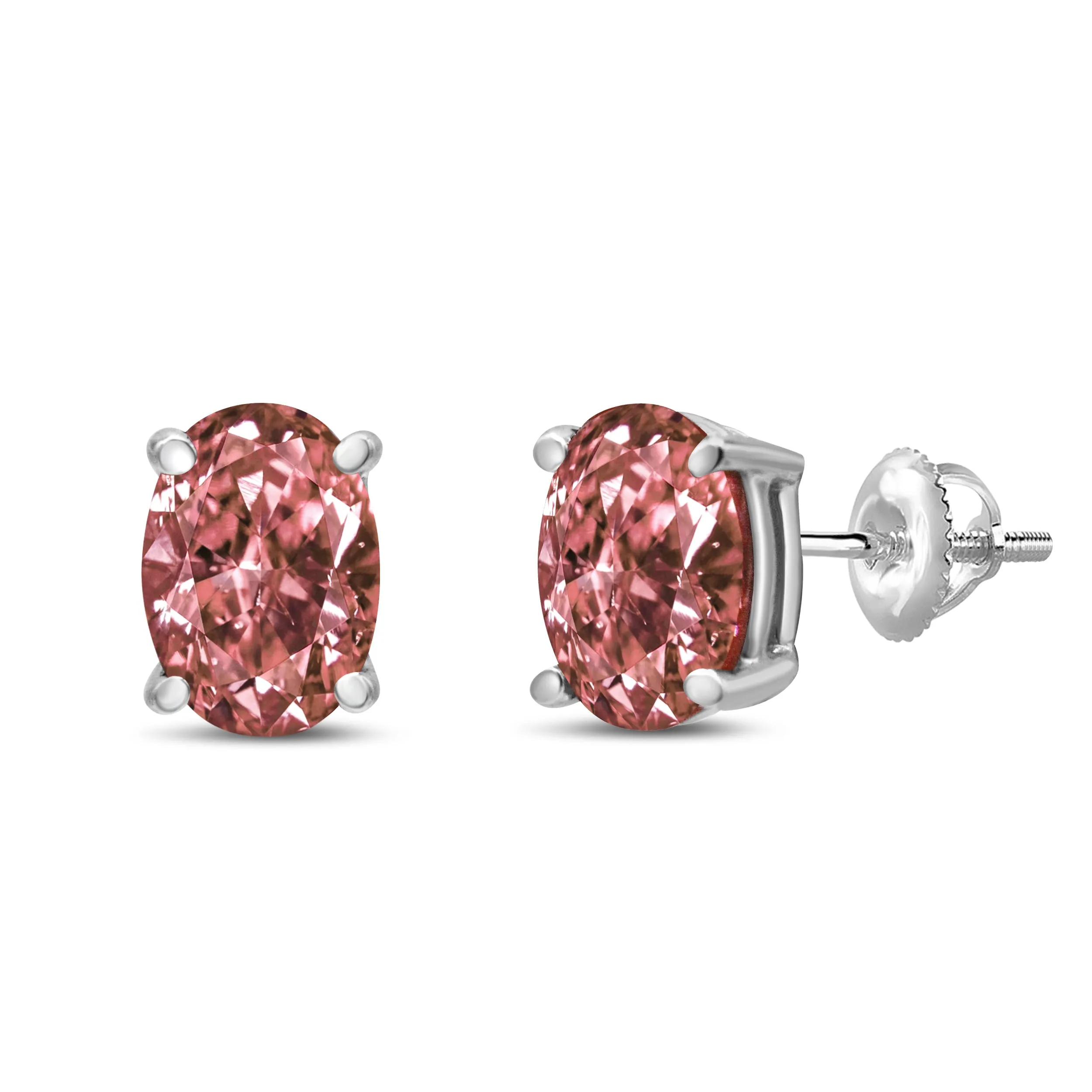 14K White Gold Lab Grown Pink Oval 4 Prong Set Classic Diamond Solitaire Stud Earrings