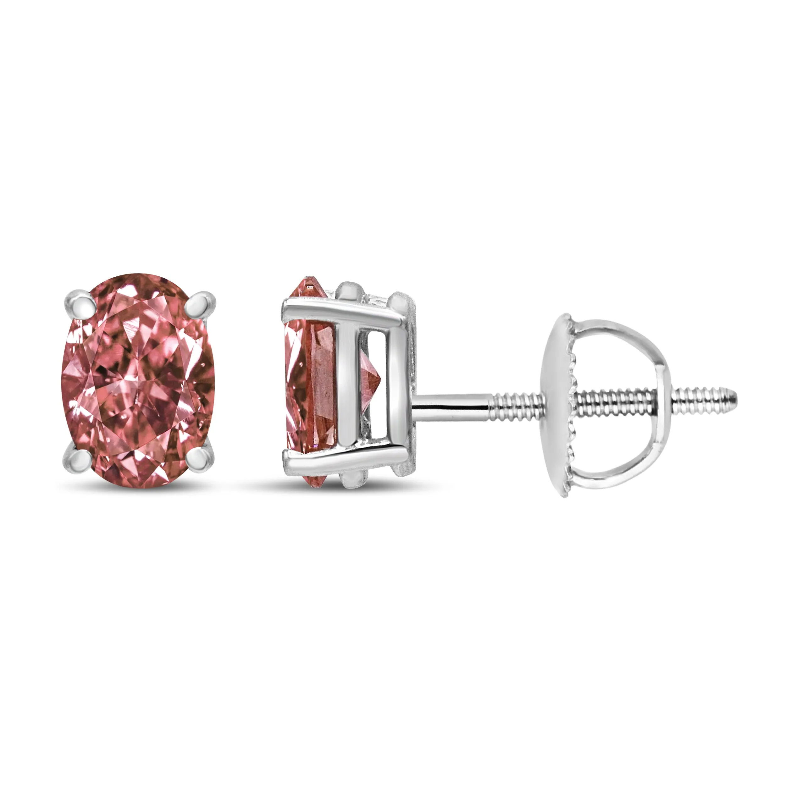 14K White Gold Lab Grown Pink Oval 4 Prong Set Classic Diamond Solitaire Stud Earrings