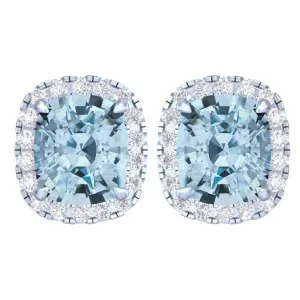 14k White Gold Vivid Blue Cushion Cut 5.5 Ct Lab-Grown Diamond Halo Stud Earrings