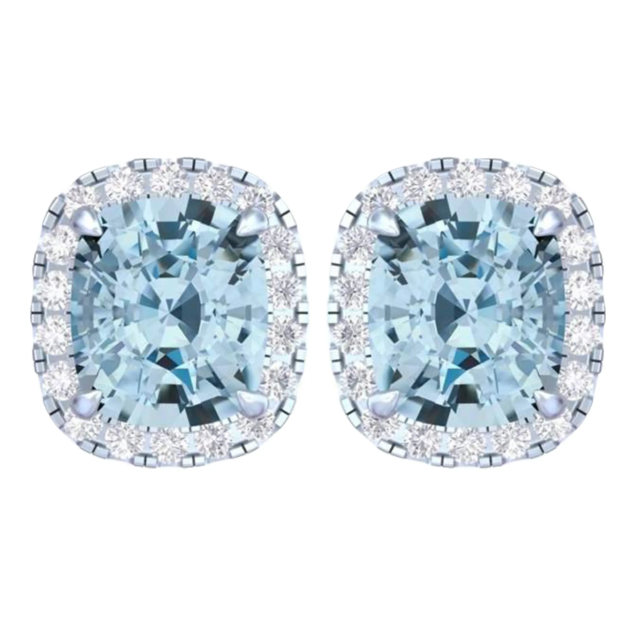 14k White Gold Vivid Blue Cushion Cut 5.5 Ct Lab-Grown Diamond Halo Stud Earrings