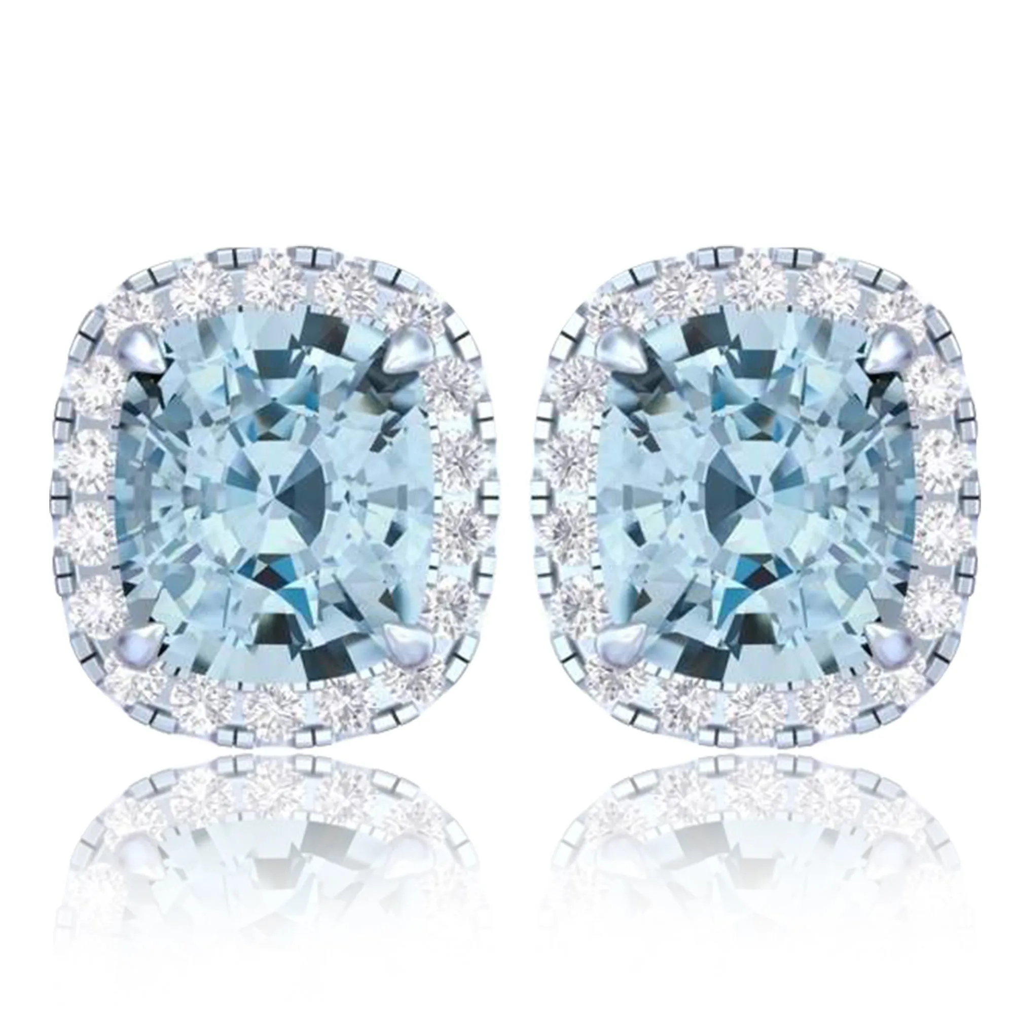 14k White Gold Vivid Blue Cushion Cut 5.5 Ct Lab-Grown Diamond Halo Stud Earrings