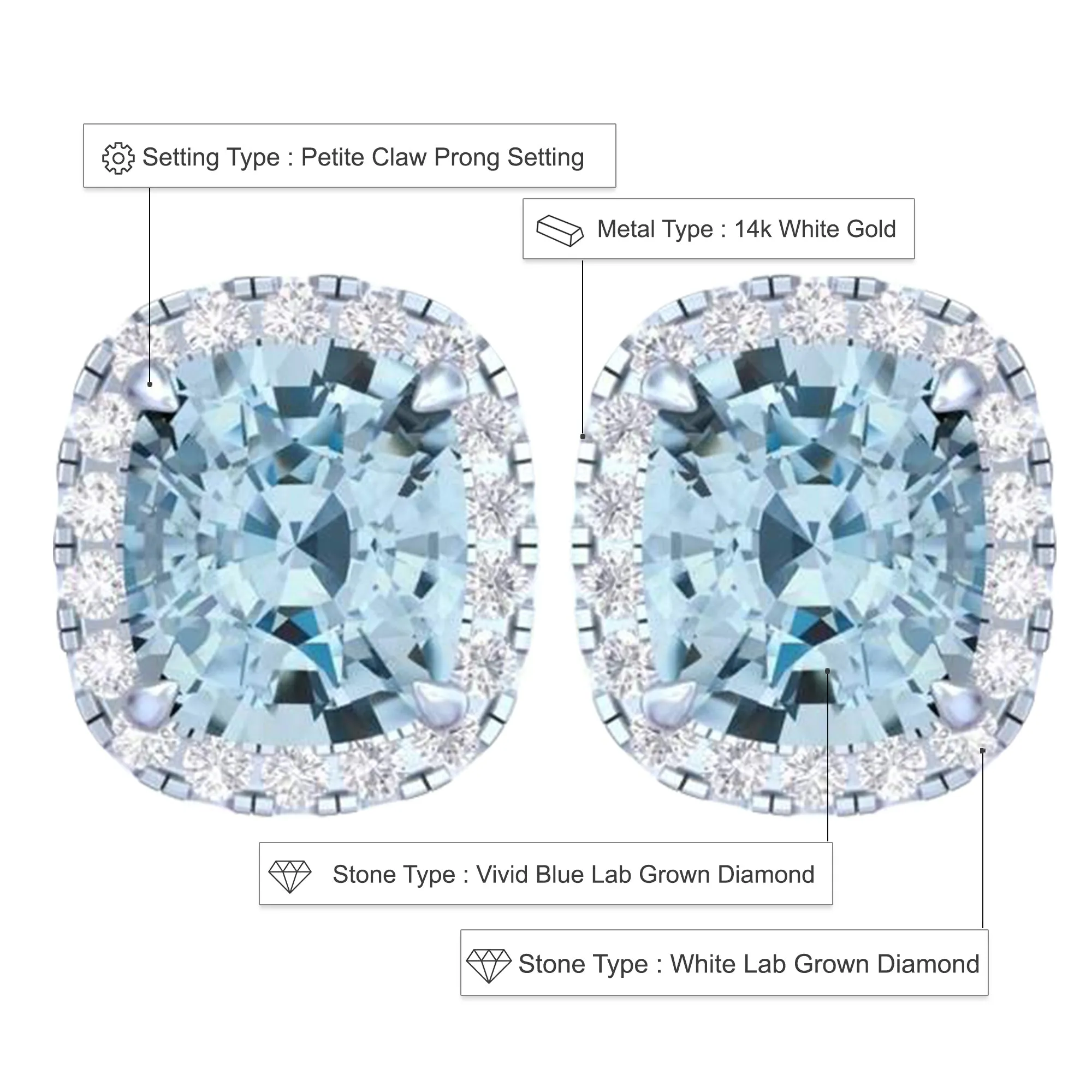 14k White Gold Vivid Blue Cushion Cut 5.5 Ct Lab-Grown Diamond Halo Stud Earrings