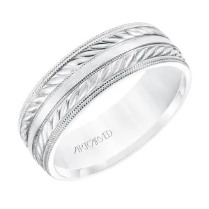 14k White Gold Wedding Band Flat Dual Wheat Motif Center Design Satin Brushed Finish with Milgrain Edges- 7 mm