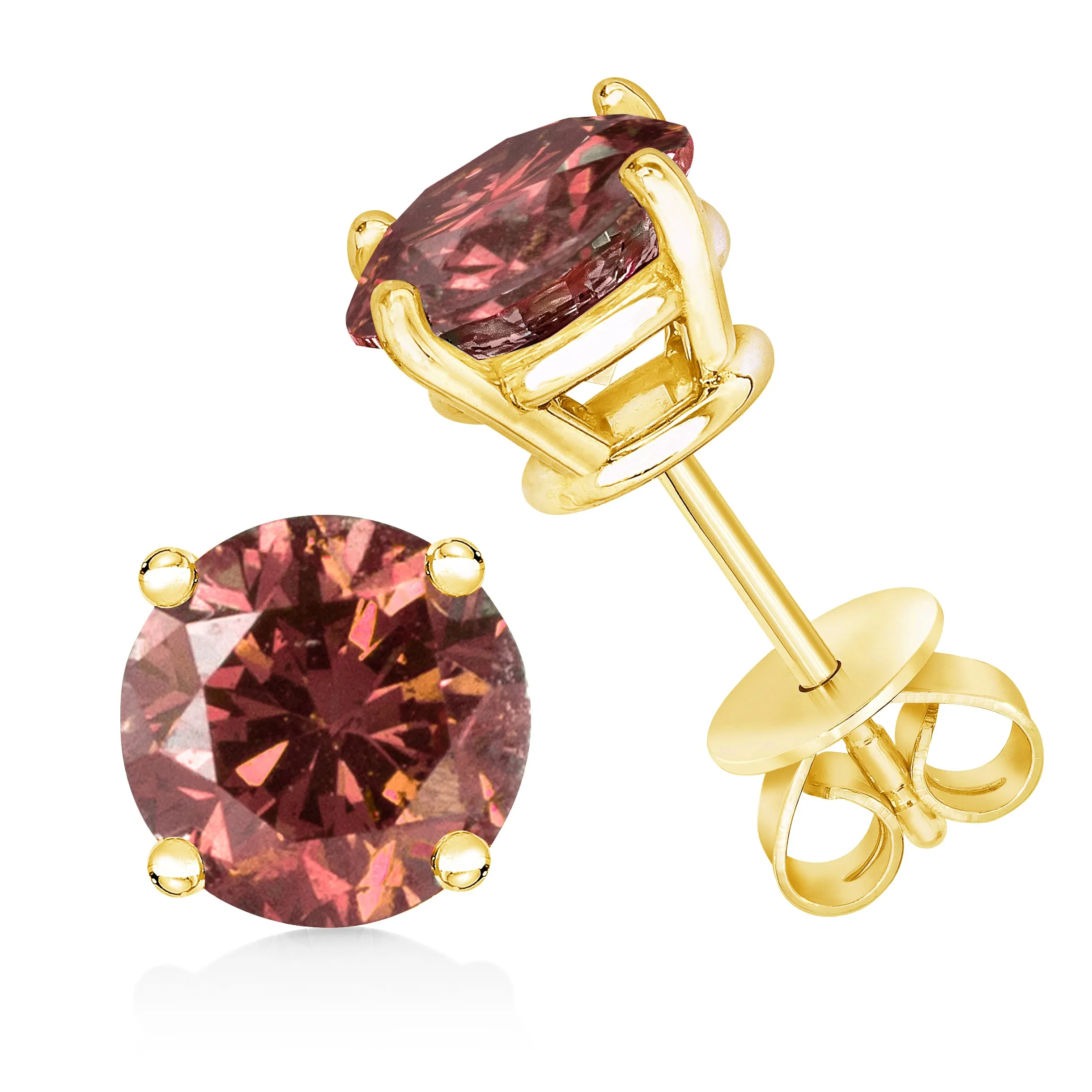 14K Yellow Gold 1/2 Cttw Round Brilliant Cut Lab Grown Pink Diamond 4-Prong Classic Solitaire Earrings