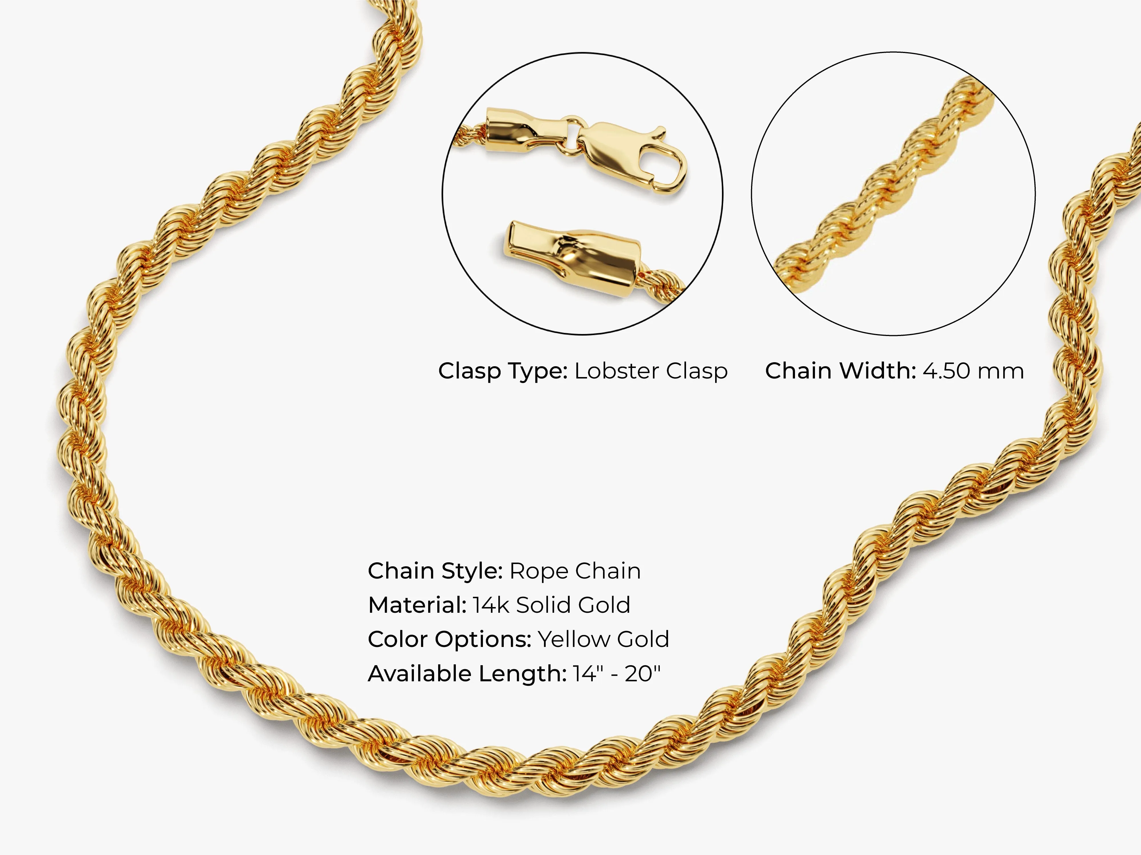 14k Yellow Gold 4.5mm Rope Chain Necklace