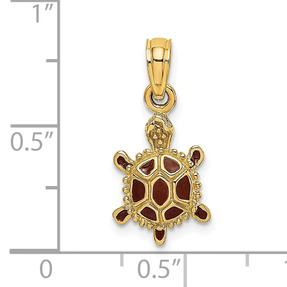 14k Yellow Gold  Casted Solid Polished 3D Brown Enamel Tortoise Charm Pendant