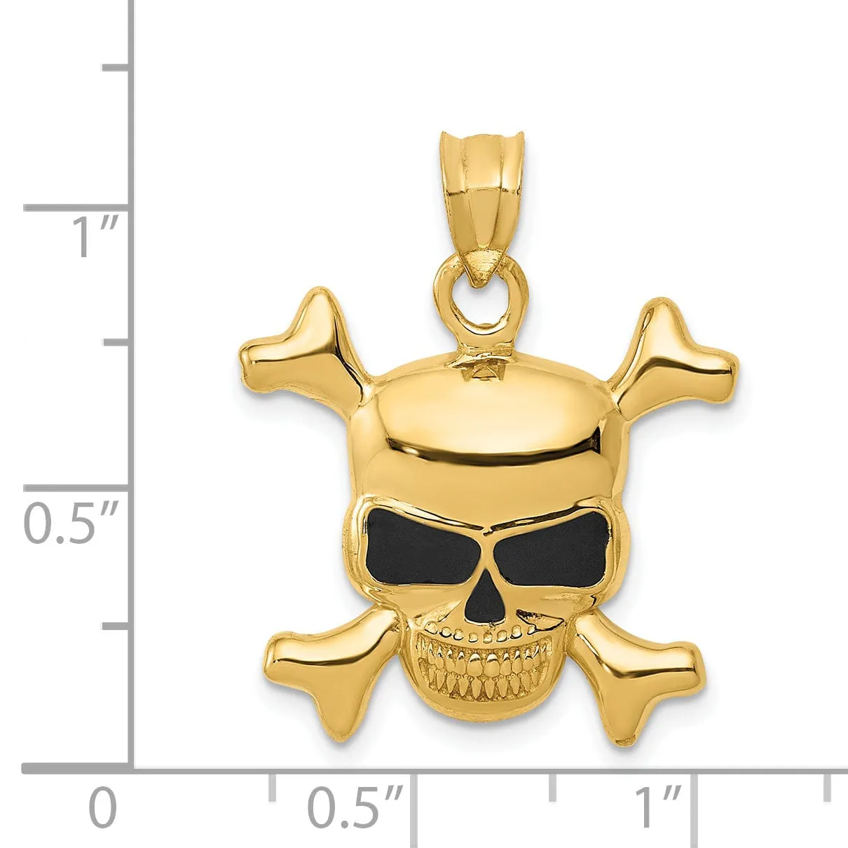 14k Yellow Gold Solid Polished Black Enameled Finish Cross Bones Skull Design Charm Pendant