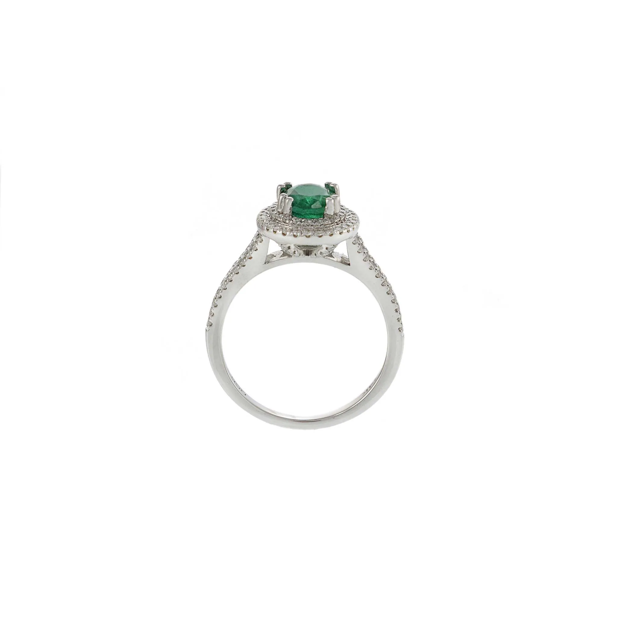 14KT Yellow Gold Oval Cut Emerald and Diamond Double Halo Ring