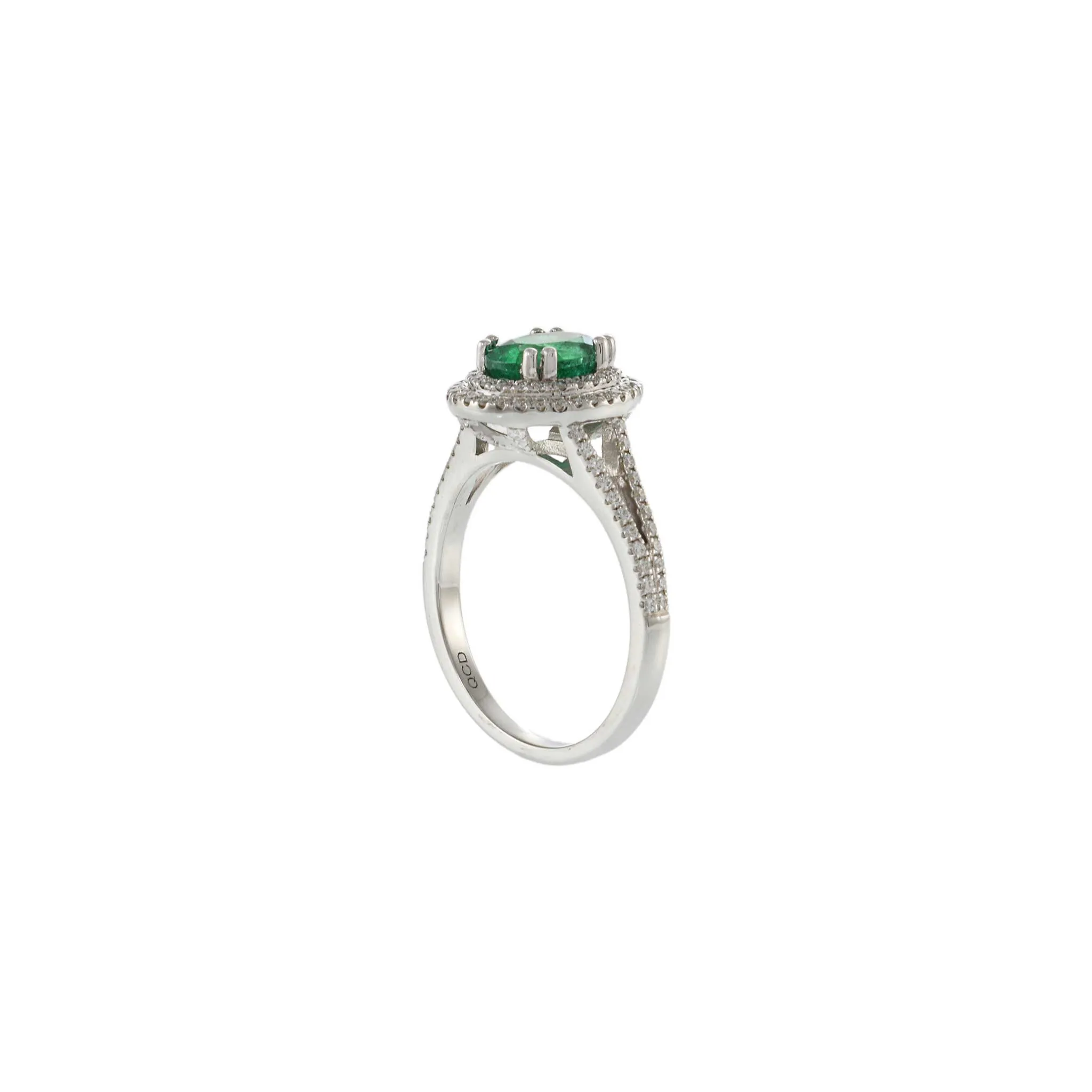 14KT Yellow Gold Oval Cut Emerald and Diamond Double Halo Ring