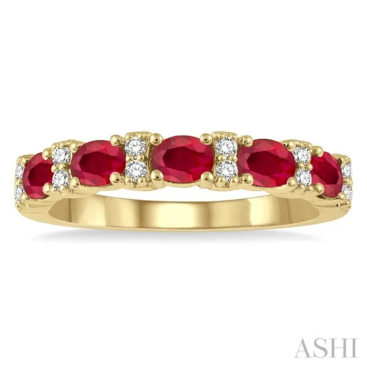 1/6 Ctw Oval Shape 4x3 MM Ruby and Round Cut Diamond Precious Band in 14K Yellow Gold