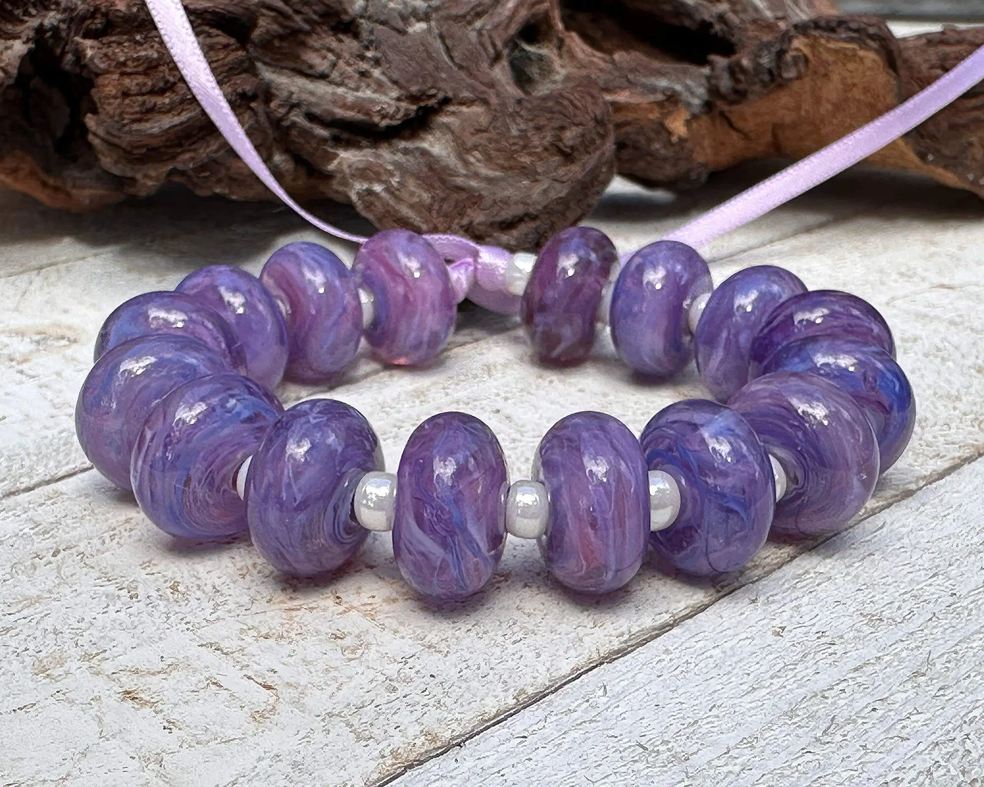 16 Purple Blue Swirls Lampwork Beads Set SRA