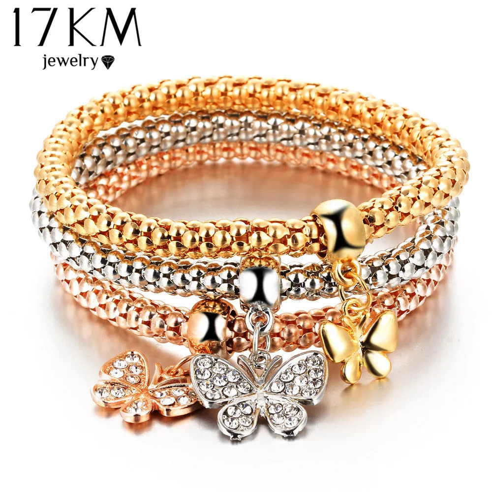 17KM 2017 HOT 3 PCS/Set Crystal Butterful Bracelet & Bangle Multiple Shape Elastic Heart Bracelets For Women pulseira masculina