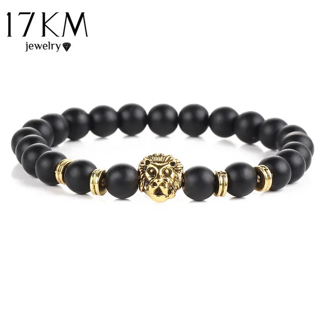 17KM Black Lava  Natural Stone Gold Color Lion strand Bracelet Femme Ethnic handmade Beads Bracelets Turkish Men Jewelry