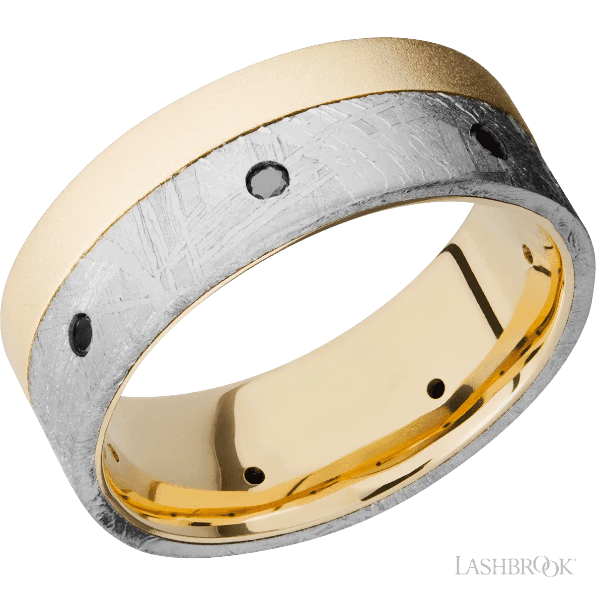 18K Yellow Gold flat band with a meteorite edge inlay with black diamonds flush set - 8MM