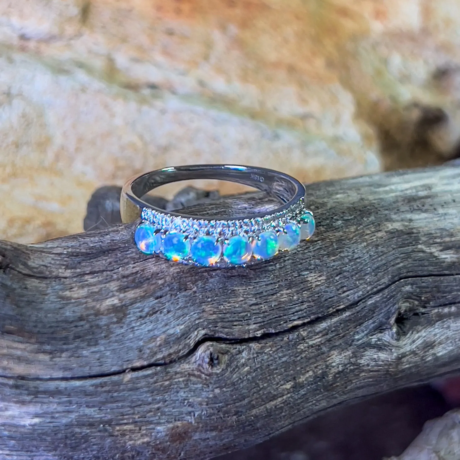 18kt White Gold 3 row Opal and diamond eternity ring design