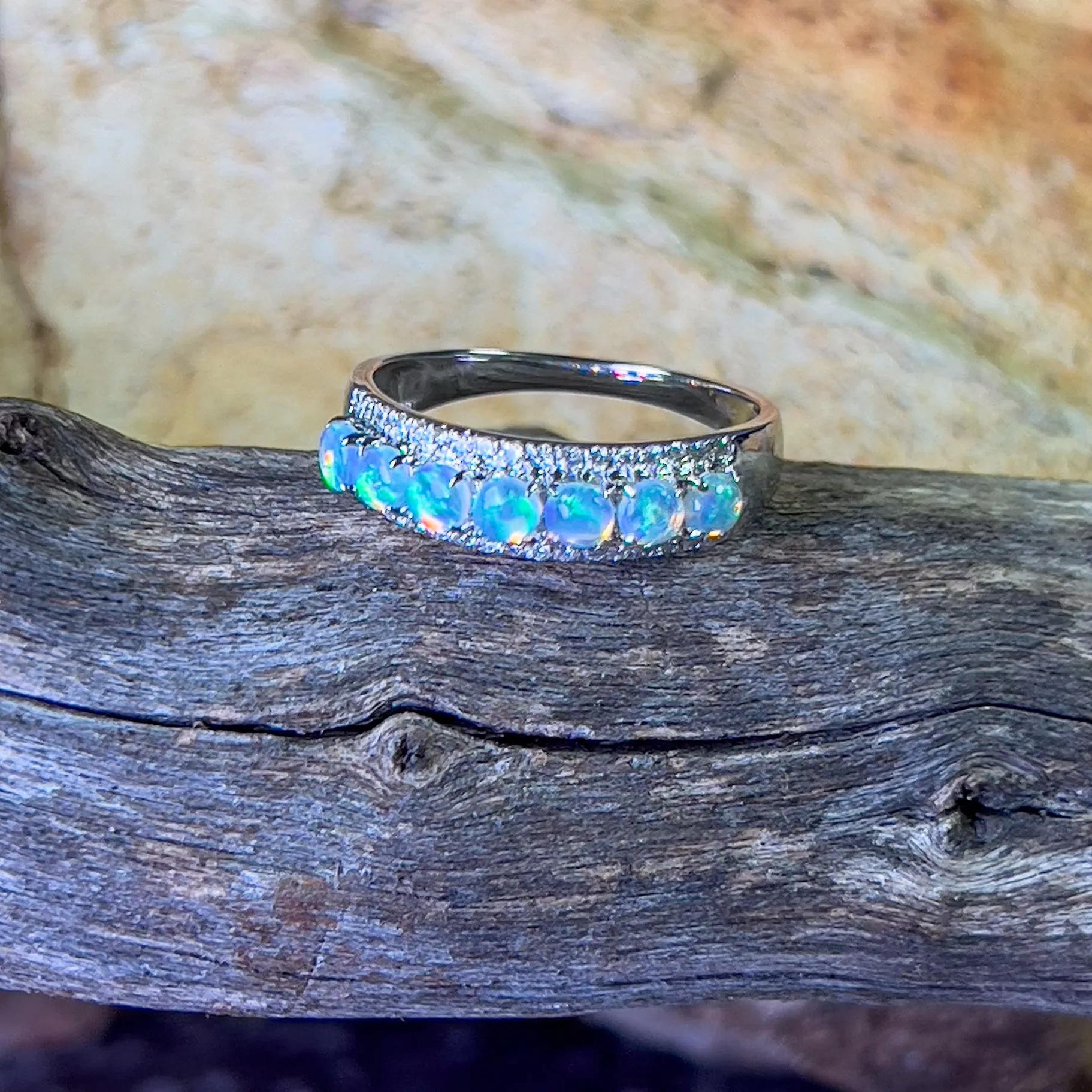 18kt White Gold 3 row Opal and diamond eternity ring design