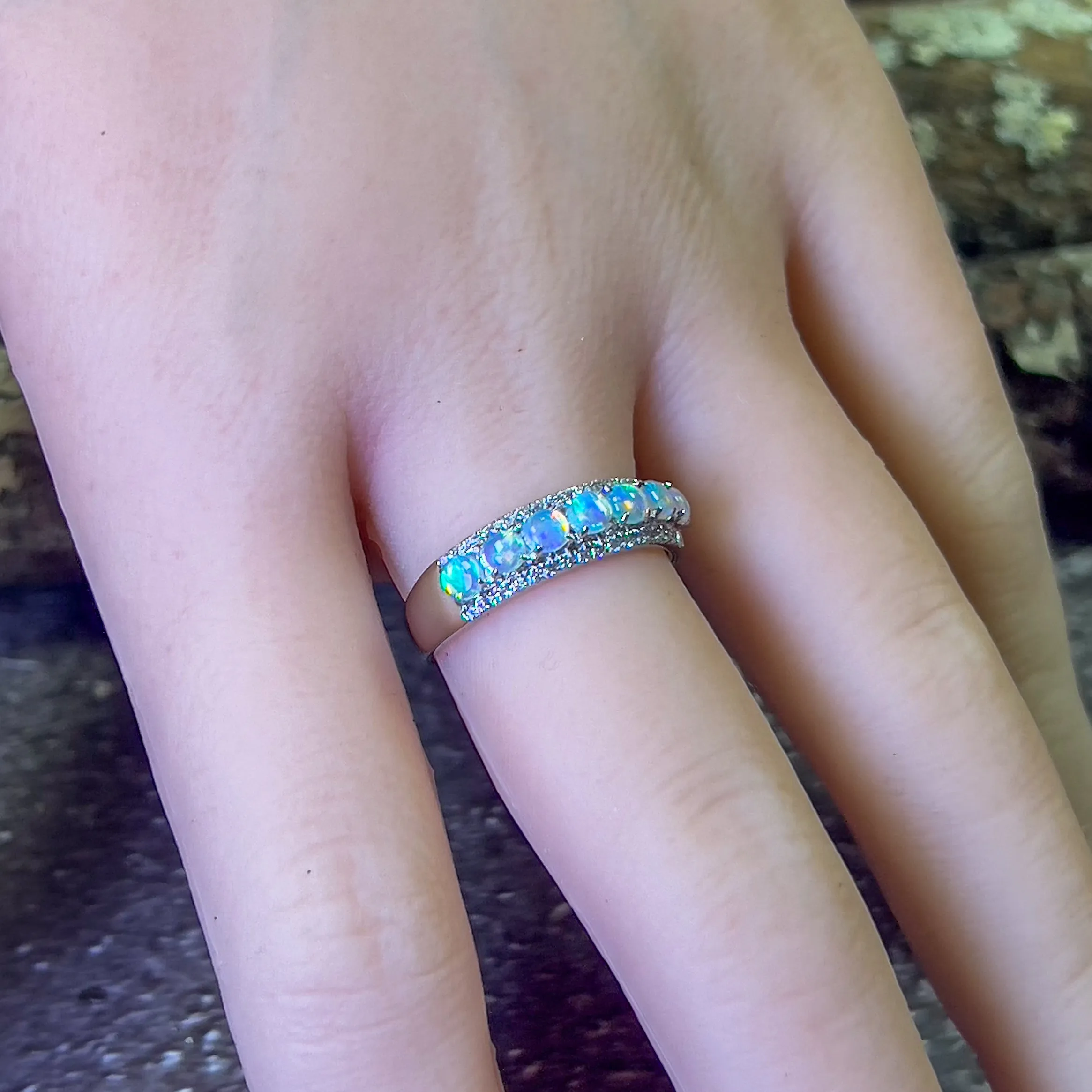 18kt White Gold 3 row Opal and diamond eternity ring design