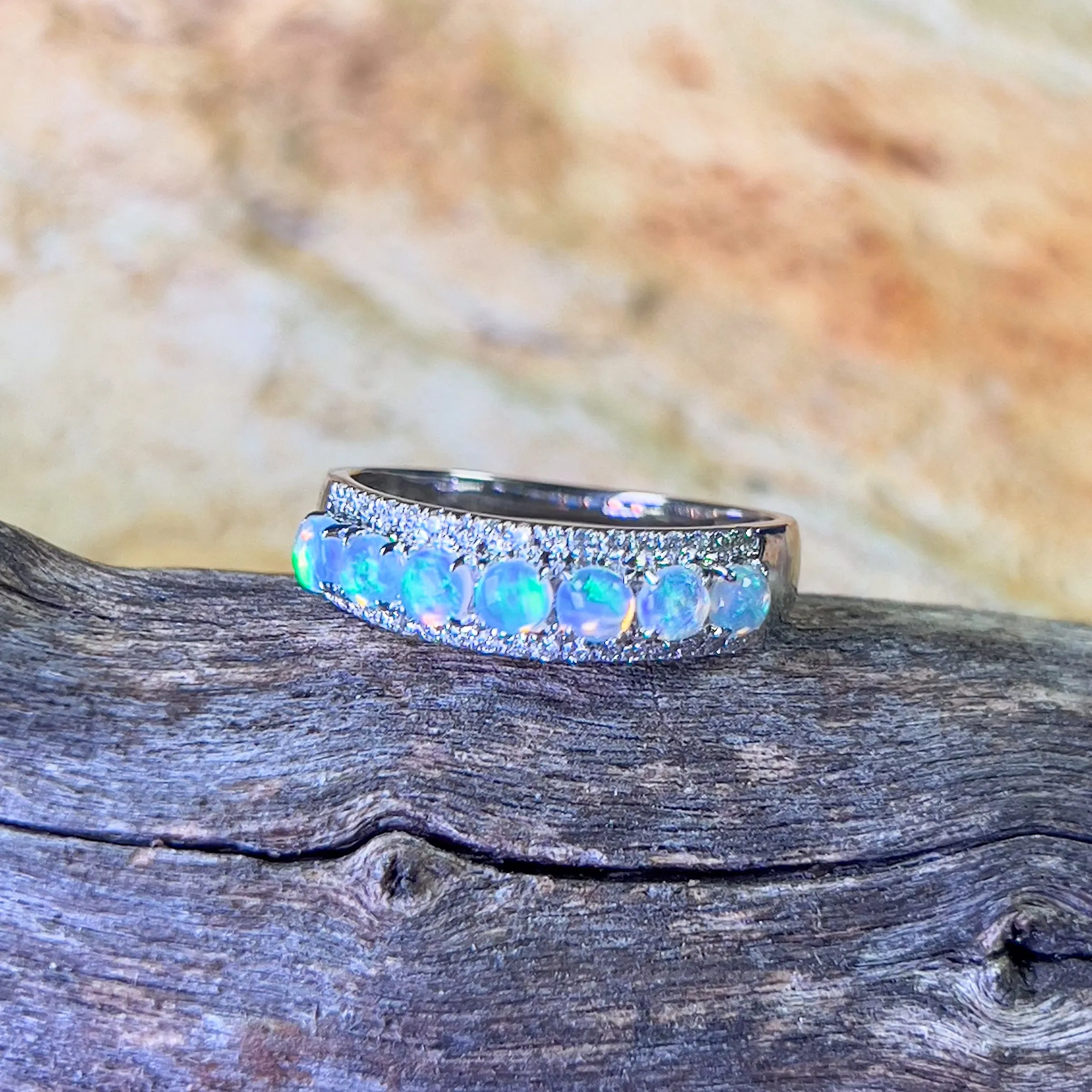 18kt White Gold 3 row Opal and diamond eternity ring design