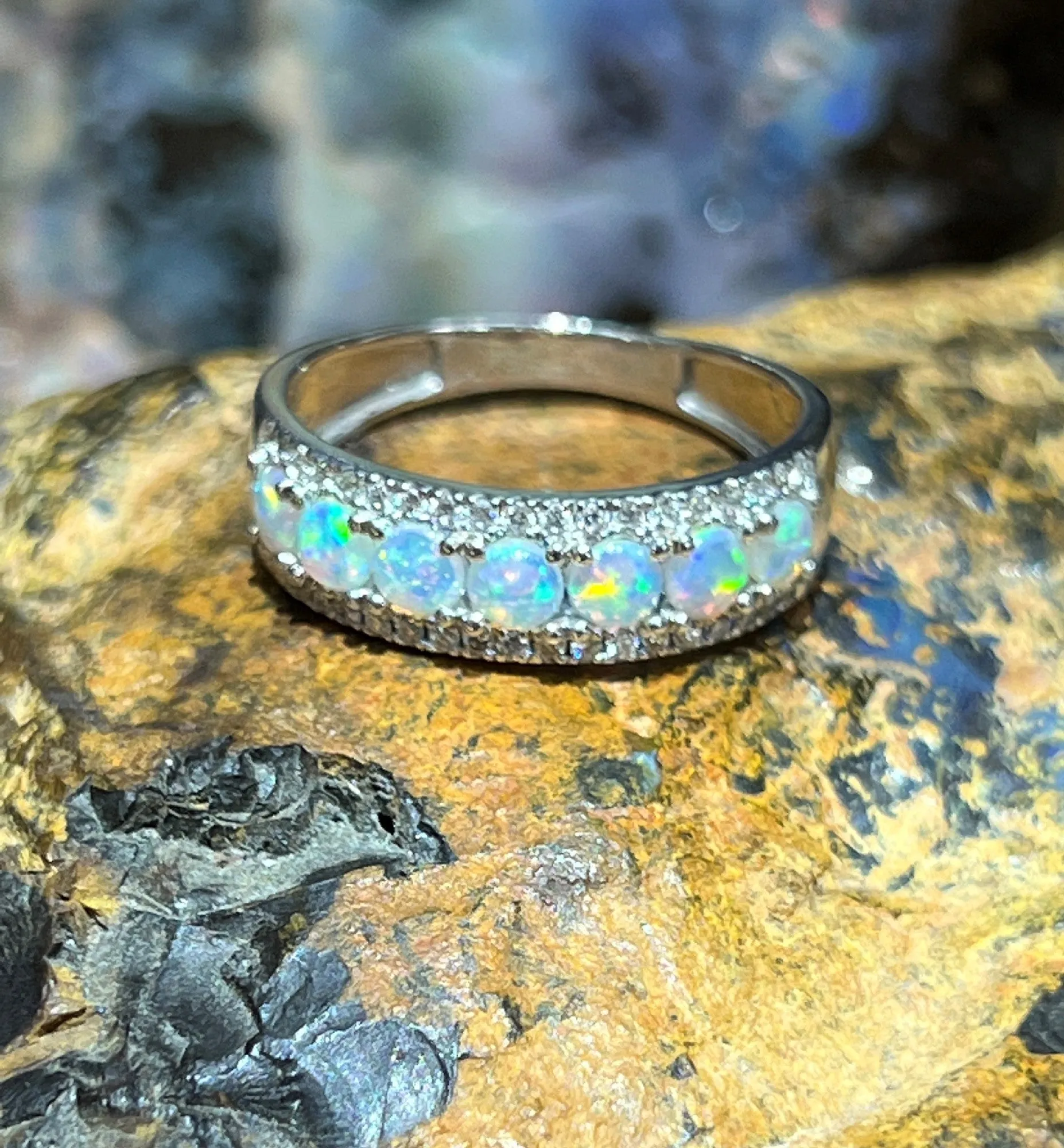 18kt White Gold 3 row Opal and diamond eternity ring design