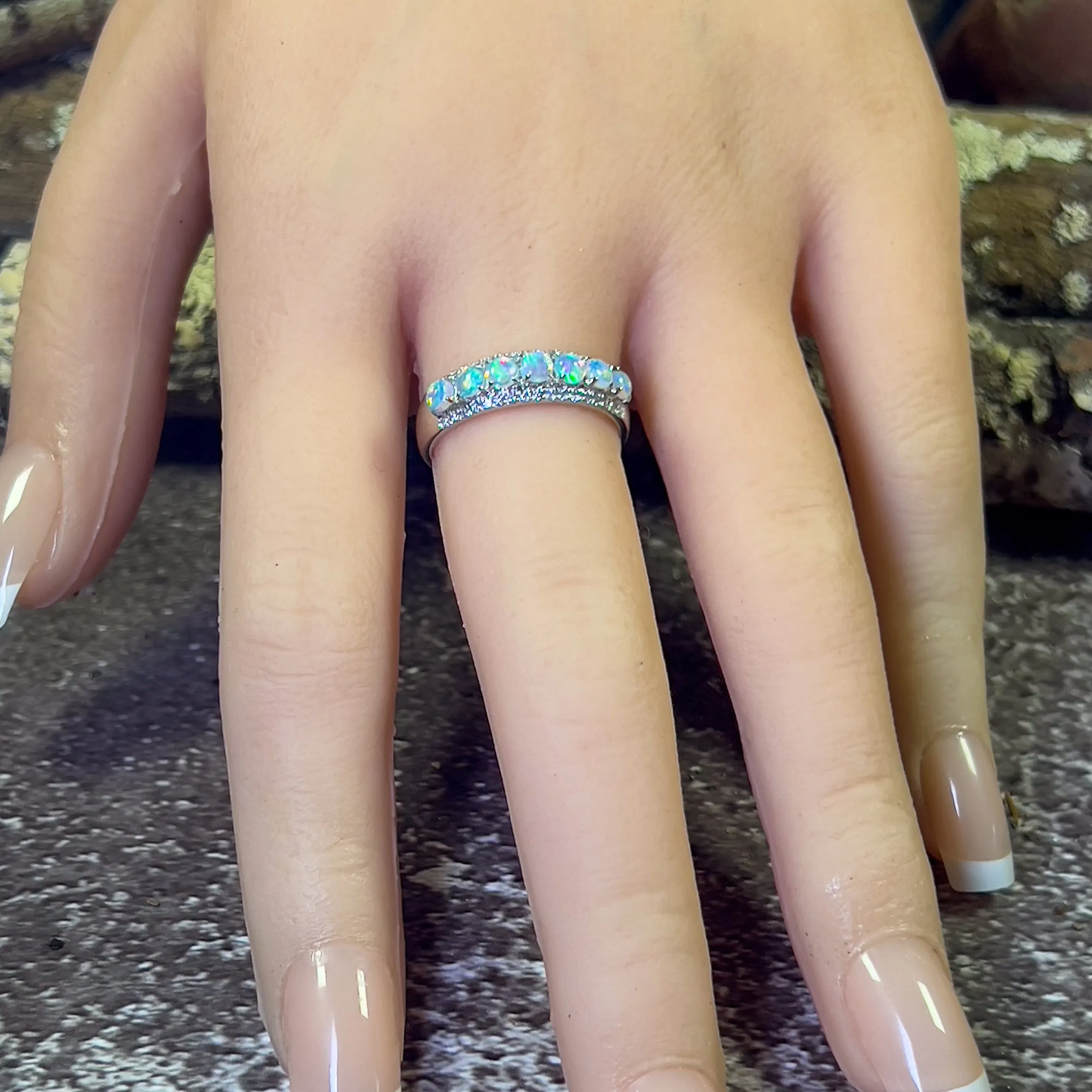 18kt White Gold 3 row Opal and diamond eternity ring design