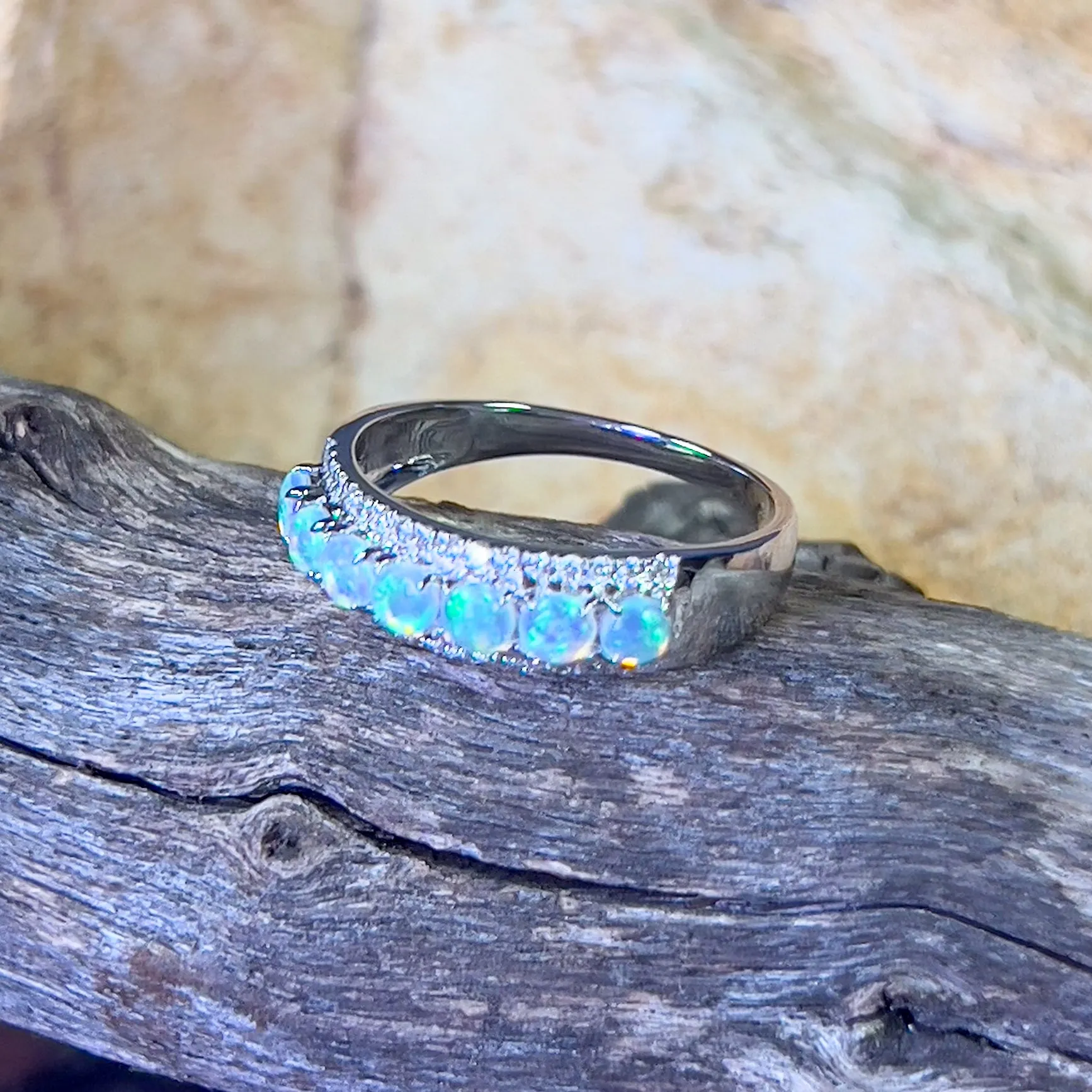 18kt White Gold 3 row Opal and diamond eternity ring design