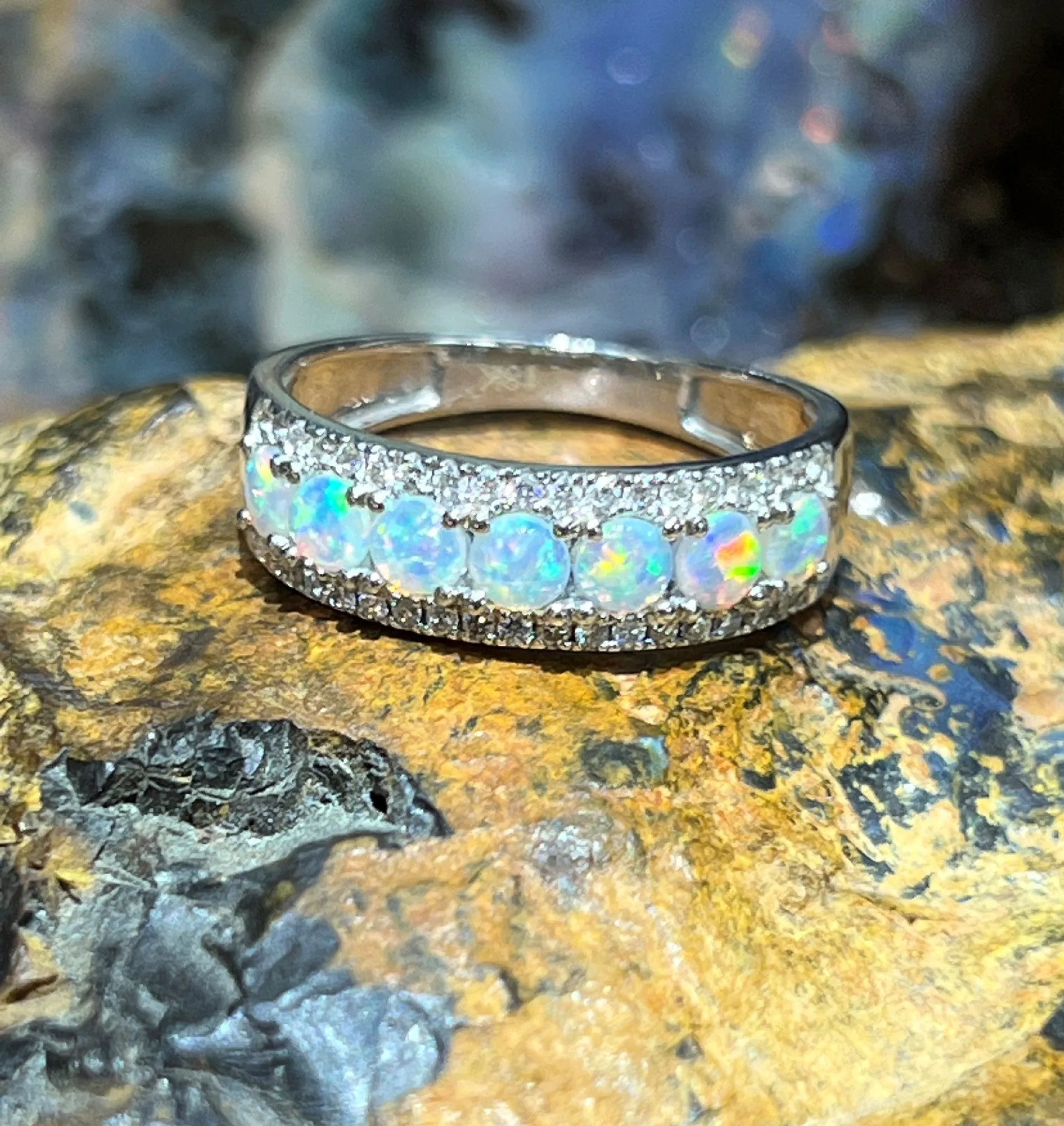 18kt White Gold 3 row Opal and diamond eternity ring design