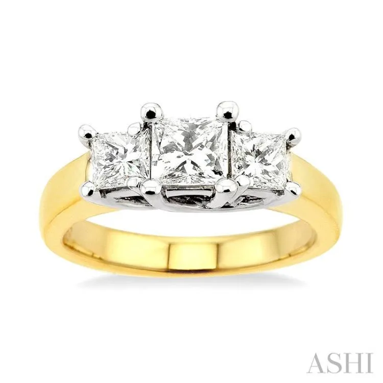 2 Ctw 3 Stone Princess Cut Diamond Ring in 14K Yellow and White Gold