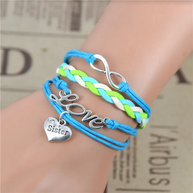 2017 New Fashion Infinity Love Birds Sister Charm Bracelet With Handwoven leather Bracelets for Women Man Valentine's Day Gift