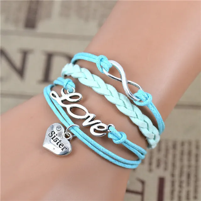 2017 New Fashion Infinity Love Birds Sister Charm Bracelet With Handwoven leather Bracelets for Women Man Valentine's Day Gift