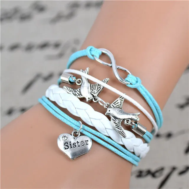 2017 New Fashion Infinity Love Birds Sister Charm Bracelet With Handwoven leather Bracelets for Women Man Valentine's Day Gift