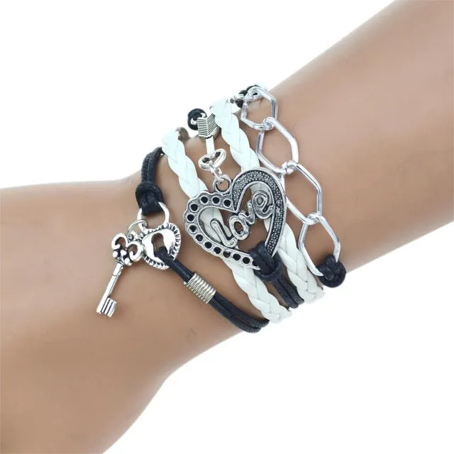 2017 New Fashion Infinity Love Birds Sister Charm Bracelet With Handwoven leather Bracelets for Women Man Valentine's Day Gift