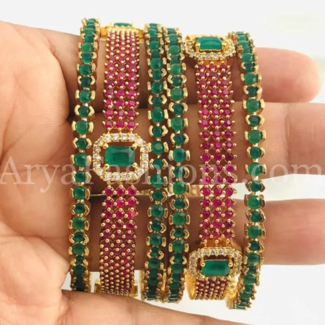 2.6 Golden Emerald Green Trendy Bangles with Kada, Set of 6 Bangles