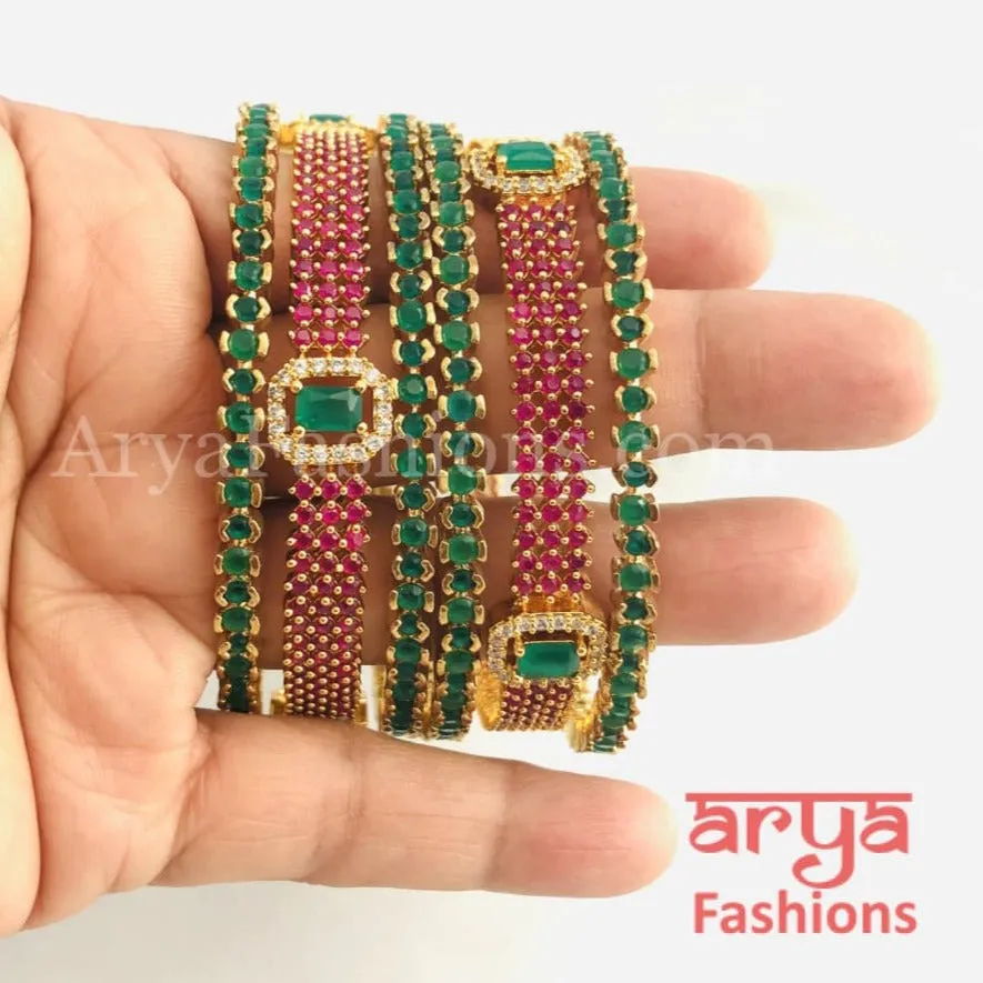 2.6 Golden Emerald Green Trendy Bangles with Kada, Set of 6 Bangles