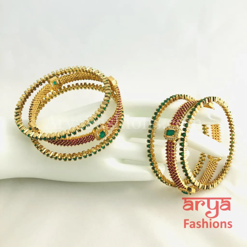 2.6 Golden Emerald Green Trendy Bangles with Kada, Set of 6 Bangles