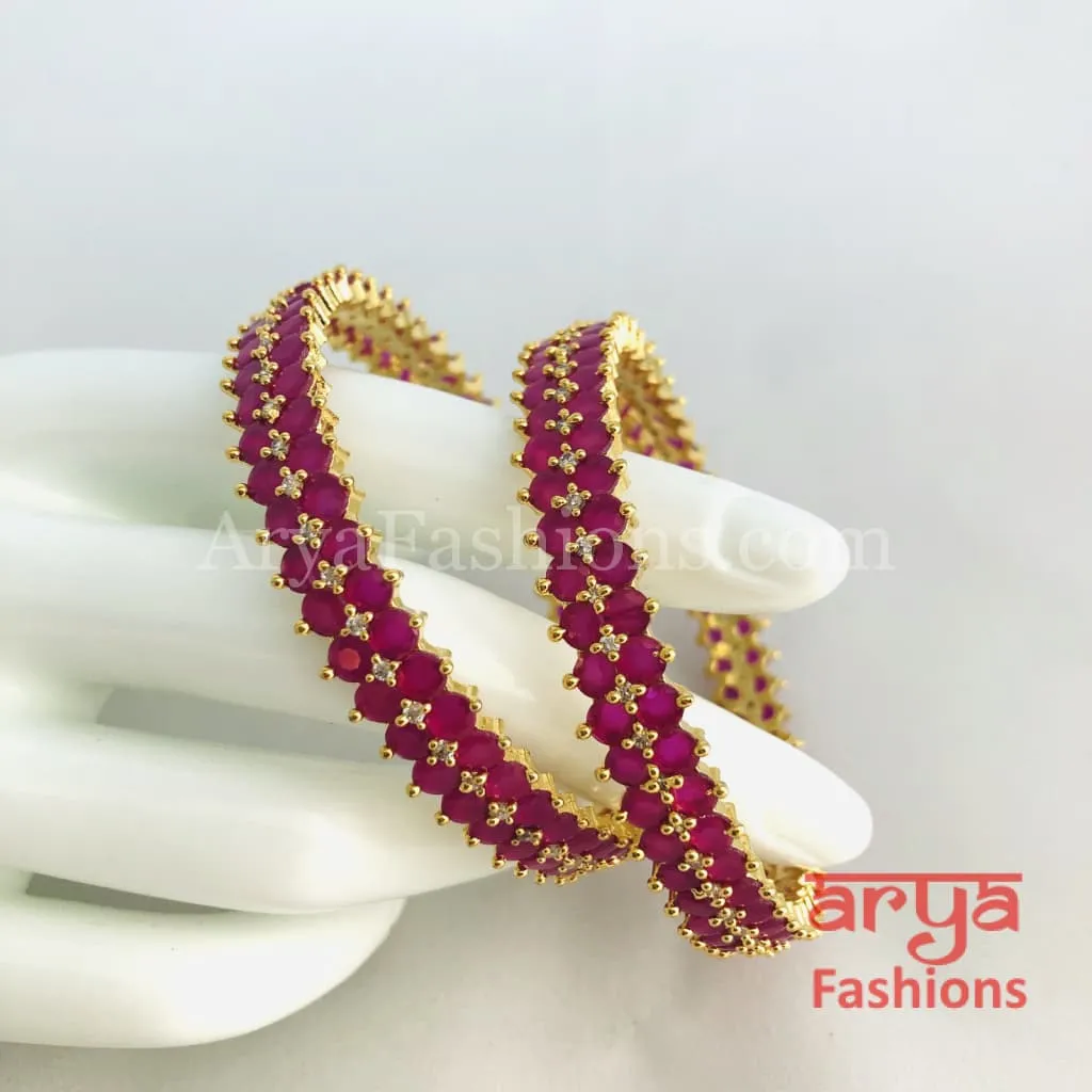 2.6 Golden Ruby Pink CZ Trendy Bangles, Set of 2 Bangles