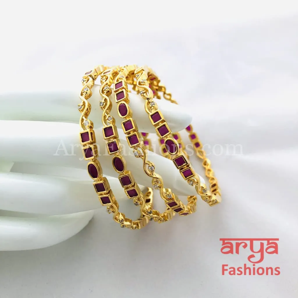 2.6 Golden Ruby Pink CZ Trendy Bangles, Set of 4 Bangles