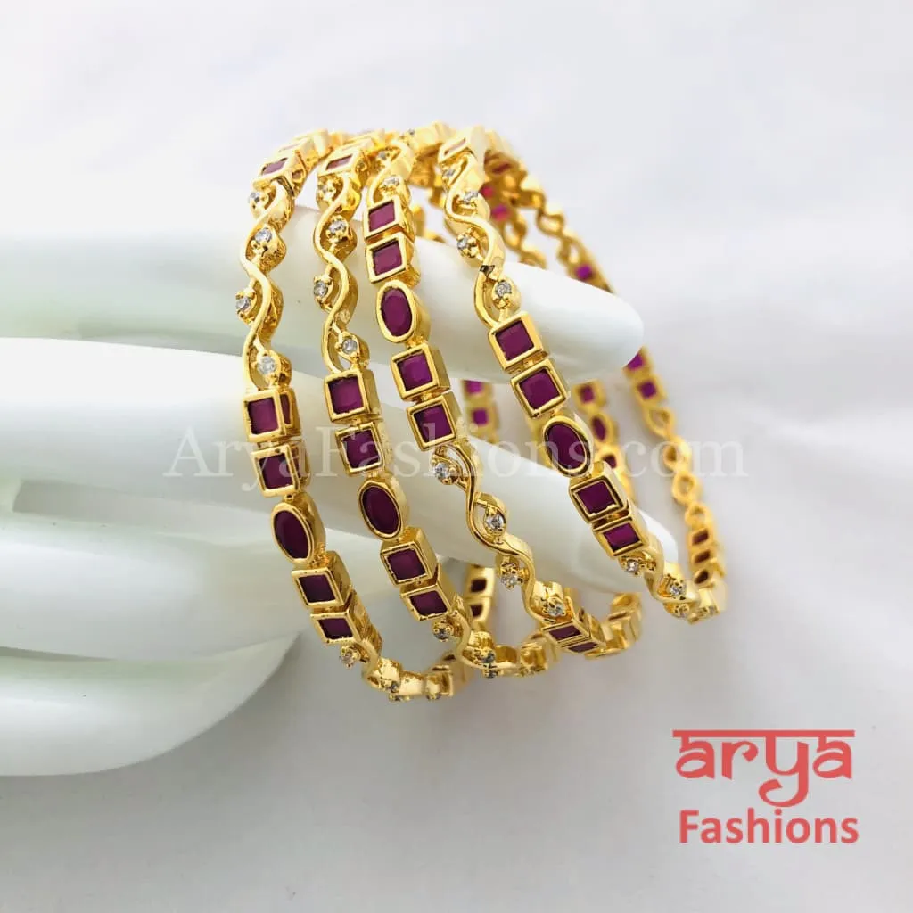 2.6 Golden Ruby Pink CZ Trendy Bangles, Set of 4 Bangles