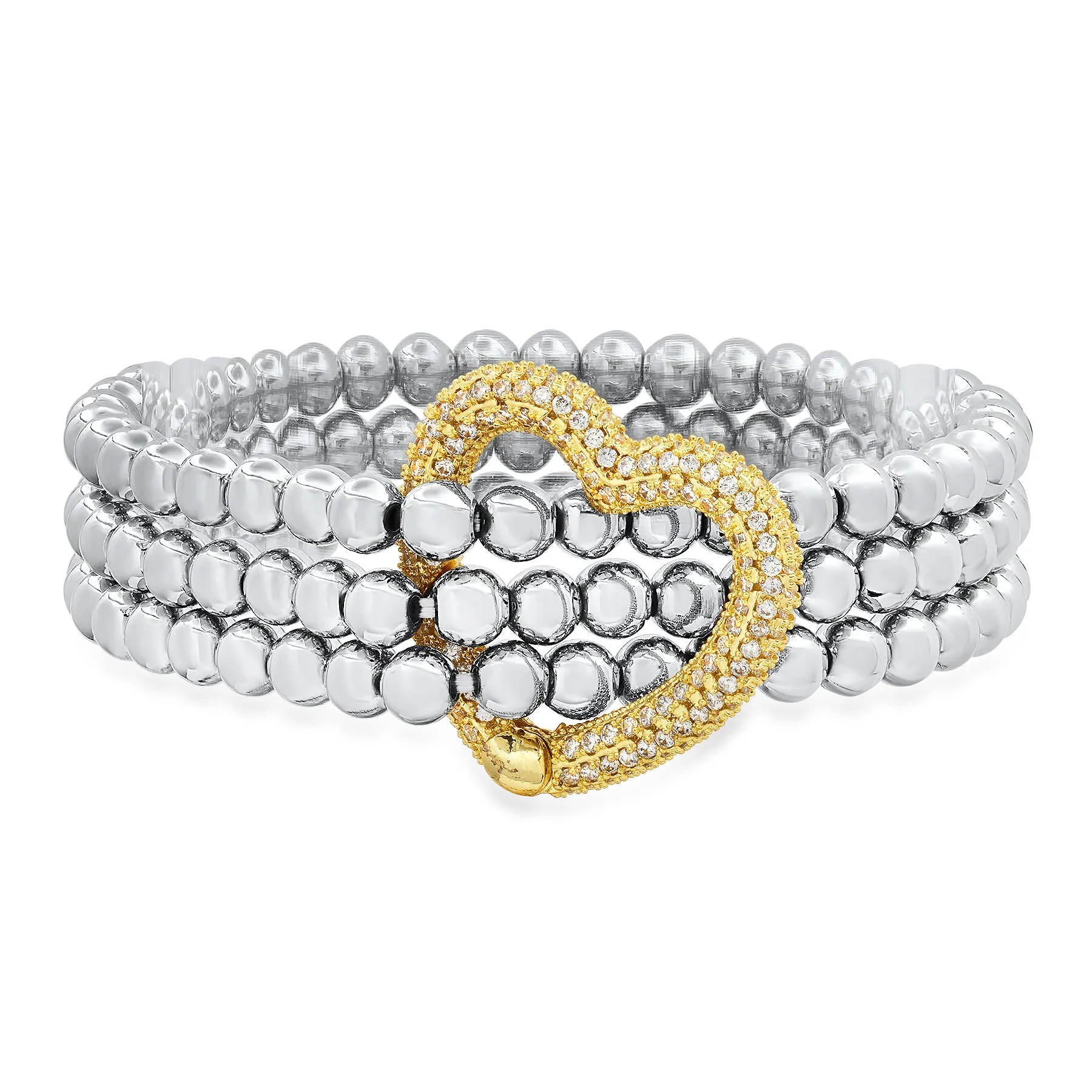 3 STRAND CZ GOLD HEART STRETCH BRACELET, SILVER