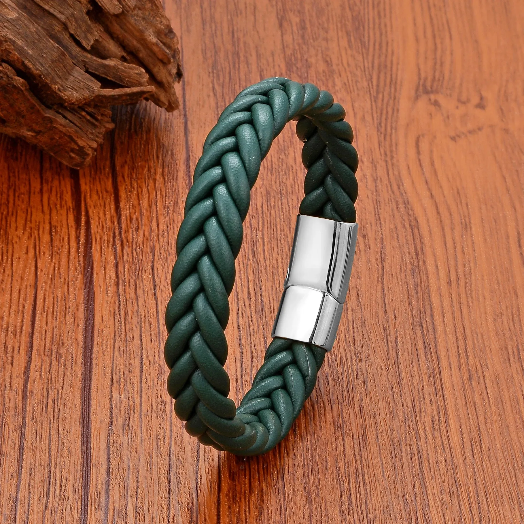 5 Color Wide Handmade Woven Leather Wrap Bracelets Men's Chain Bangles Stainless Steel Premium Jewelry Gift For Boyfriend