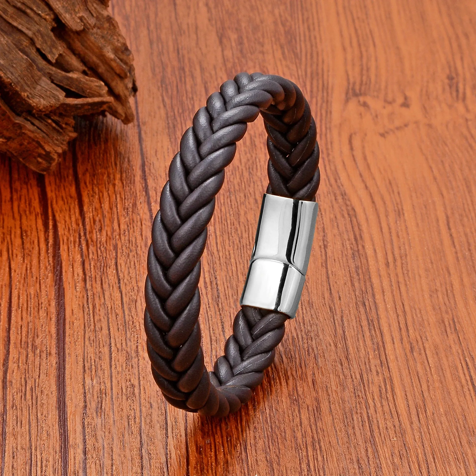 5 Color Wide Handmade Woven Leather Wrap Bracelets Men's Chain Bangles Stainless Steel Premium Jewelry Gift For Boyfriend