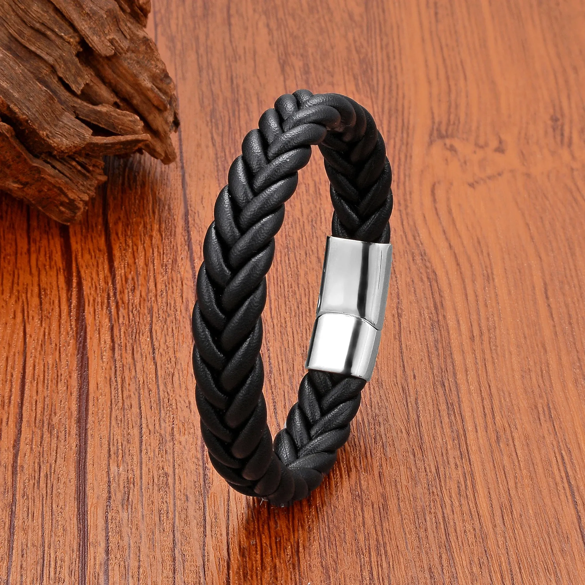 5 Color Wide Handmade Woven Leather Wrap Bracelets Men's Chain Bangles Stainless Steel Premium Jewelry Gift For Boyfriend