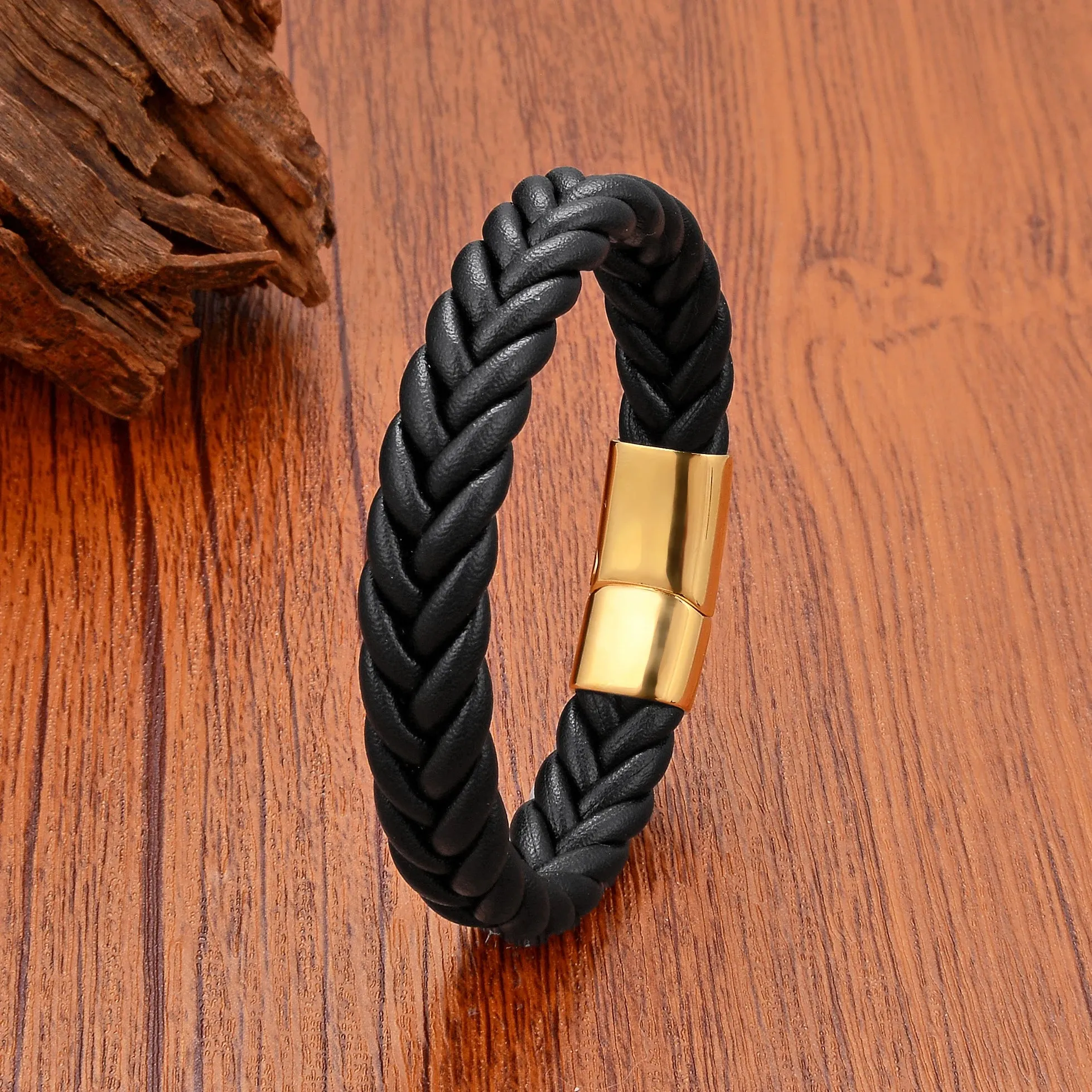 5 Color Wide Handmade Woven Leather Wrap Bracelets Men's Chain Bangles Stainless Steel Premium Jewelry Gift For Boyfriend