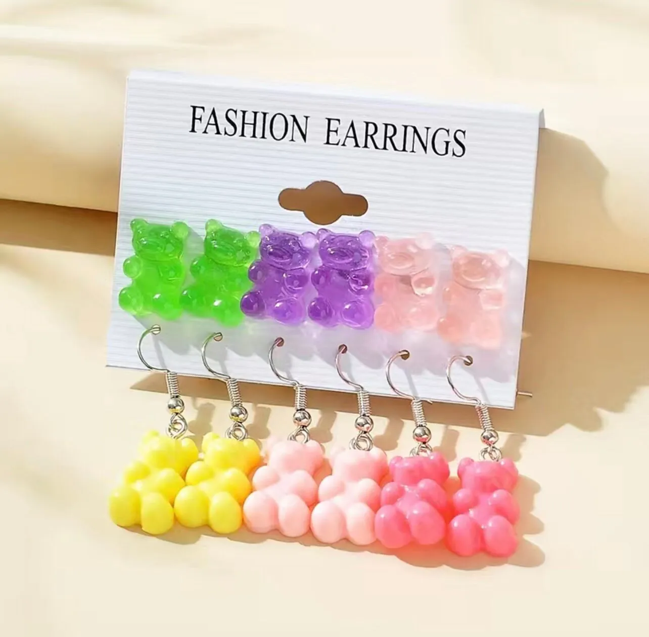 6Set Colorful Gummy Bear Plastic Post Earrings, Fun Earrings, Trendy Earrings,6 Pair Sets, Glitter Resin Gummy Bear Stud & Drop