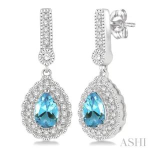 6x4 Pear Shape Aquamarine and 1/4 Ctw Round Cut Diamond Earrings in 14K White Gold