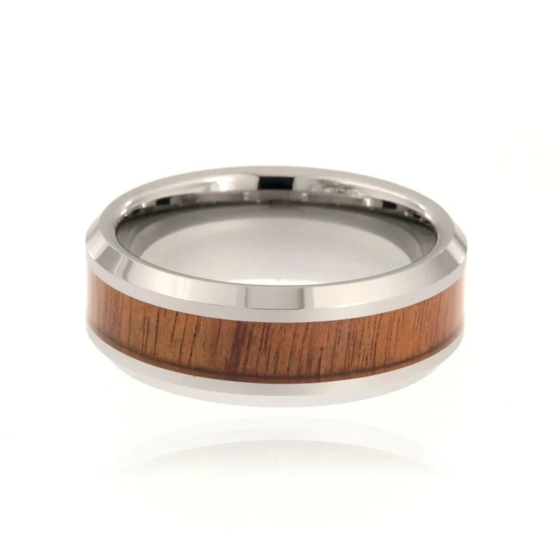 8mm Heavy Tungsten Carbide Men's Ring With Wood Inlay and High Polished Beveled Edges - FREE Personalization